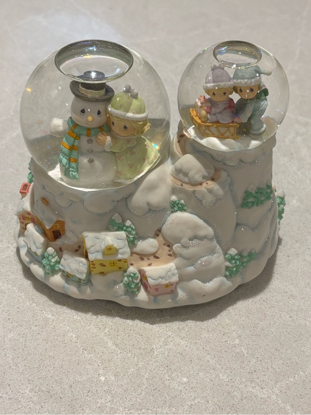 Vintage Enesco Precious Moments Double Snow Globe Musical Mountain Village Winte